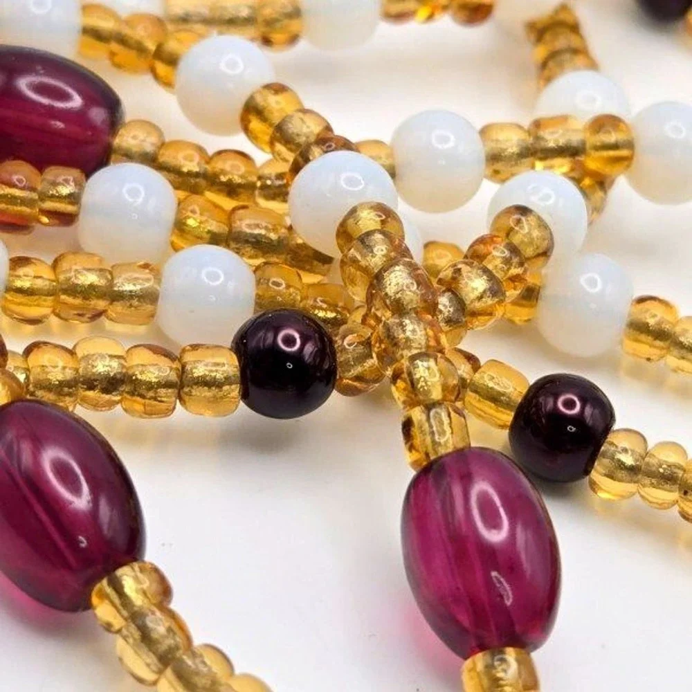 Long Handmade Glass Beaded‎ Necklace Red Black White Amber Colored Glass Beads